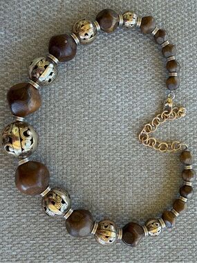 Brighton Kismet Brown Wood Metal Beads Graduating Chunky Choker Necklace 16”